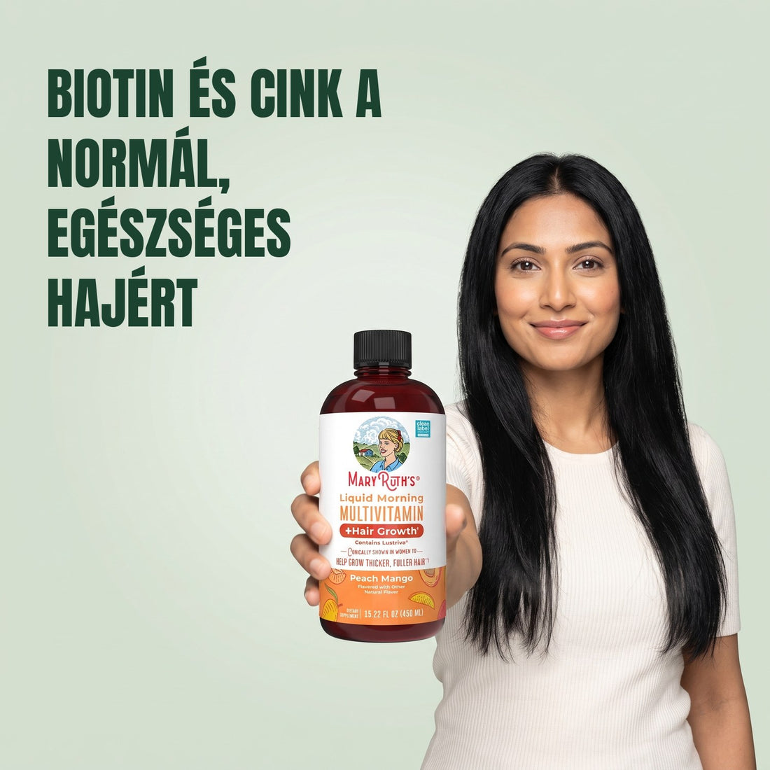 MaryRuth Organics Liquid Morning Multivitamin + Hair Growth 450 ml flakon, barack-mangó ízesítéssel