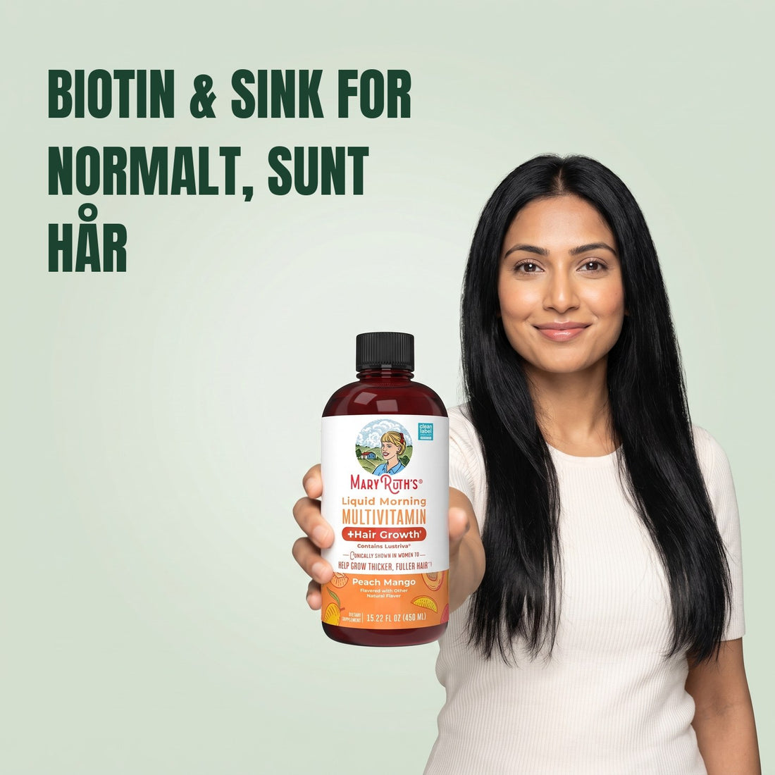 MaryRuth Organics Liquid Morning Multivitamin + Hair Growth 450 ml flaske, smak av fersken og mango