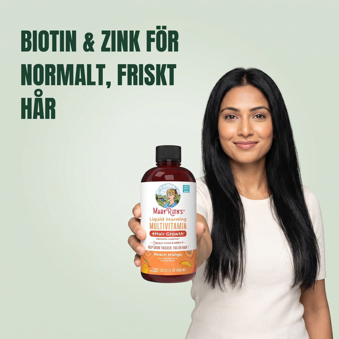 MaryRuth Organics Liquid Morning Multivitamin + Hair Growth 450 ml flaska, smak persika-mango