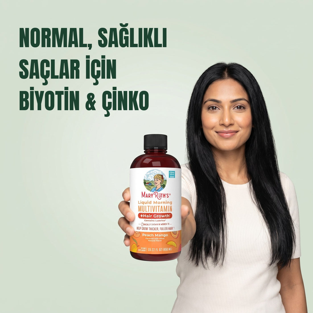 MaryRuth Organics Liquid Morning Multivitamin + Hair Growth 450 ml şişe, şeftali mango aromalı