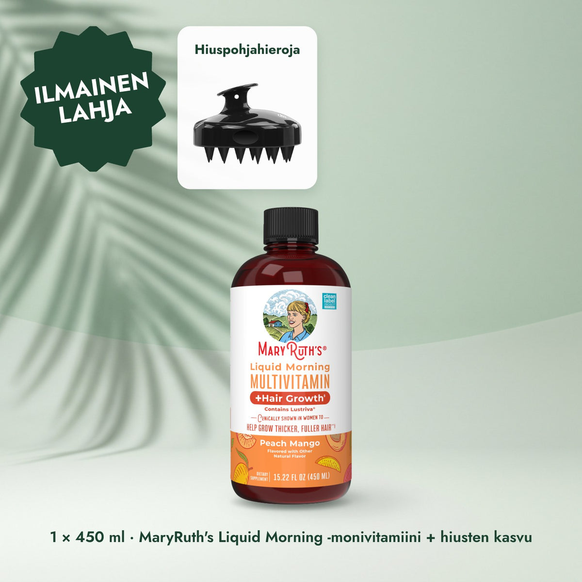 1 × 450 ml · MaryRuth's Liquid Morning -monivitamiini + hiusten kasvu: Hiuspohjahieroja