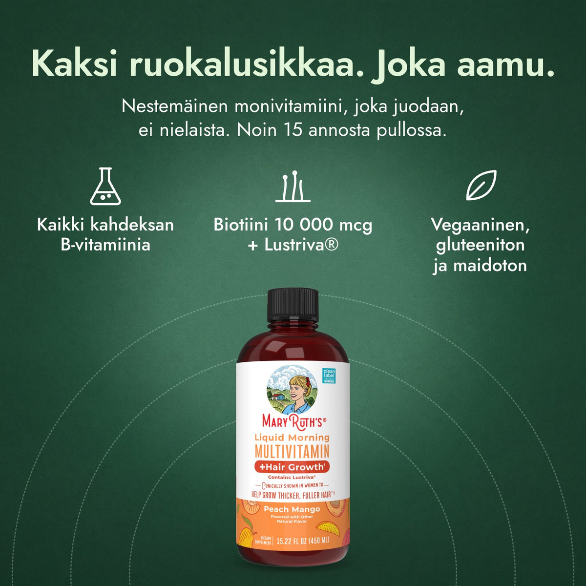 MaryRuth's Liquid Morning -monivitamiini + hiusten kasvu: Kaksi ruokalusikkaa. Joka aamu. Kaikki kahdeksan B-vitamiinia, Biotiini 10 000 mcg + Lustriva®, Vegaaninen, gluteeniton ja maidoton