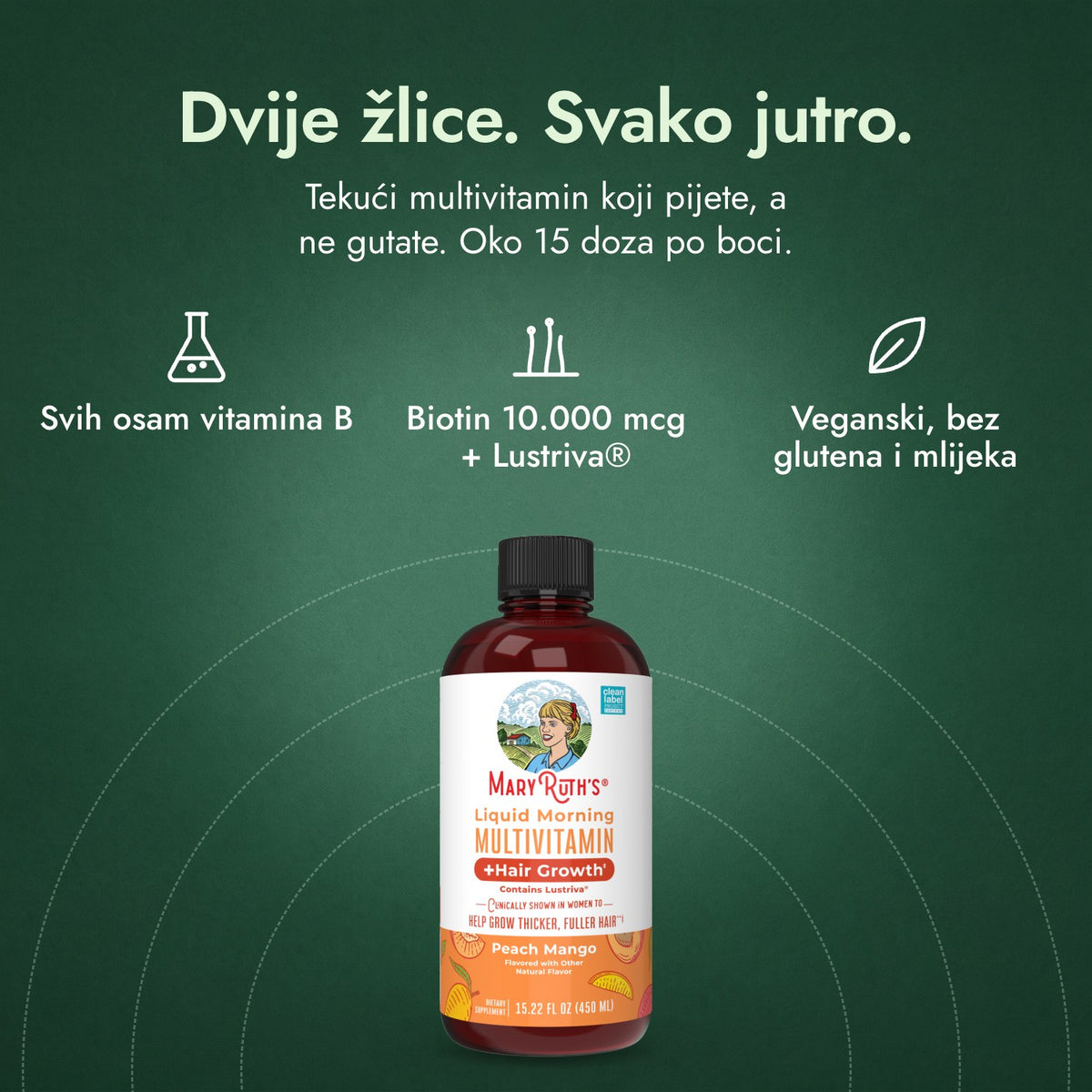 MaryRuth's Liquid Morning Multivitamin + Hair Growth: Dvije žlice. Svako jutro. Svih osam vitamina B, Biotin 10.000 mcg + Lustriva®, Veganski, bez glutena i mlijeka