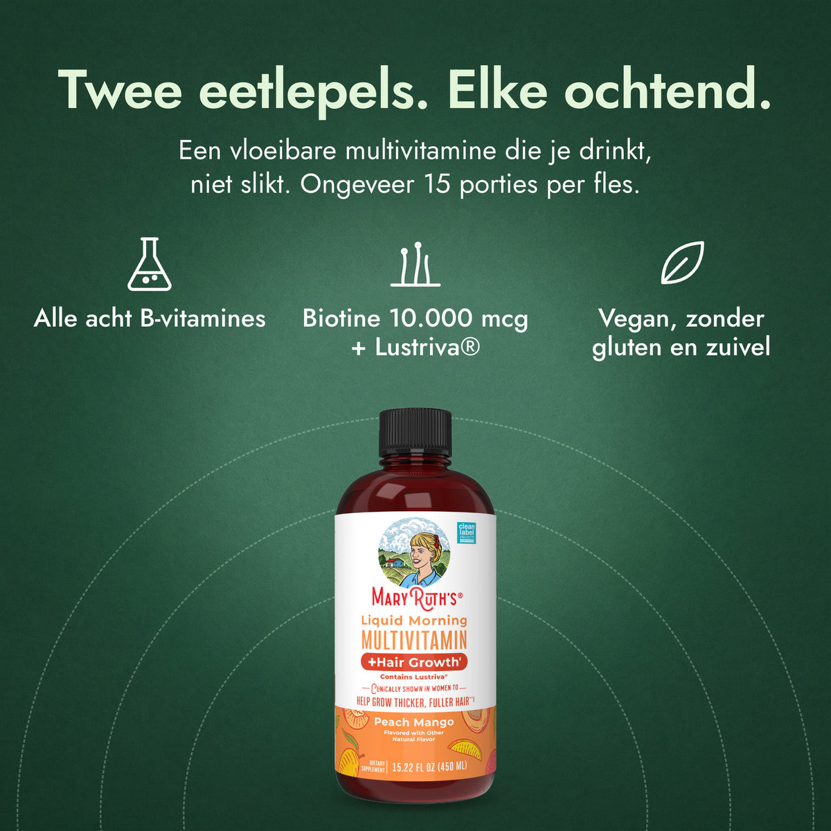 MaryRuth's Liquid Morning Multivitamin + Hair Growth: Twee eetlepels. Elke ochtend. Alle acht B-vitamines, Biotine 10.000 mcg + Lustriva®, Vegan, zonder gluten en zuivel