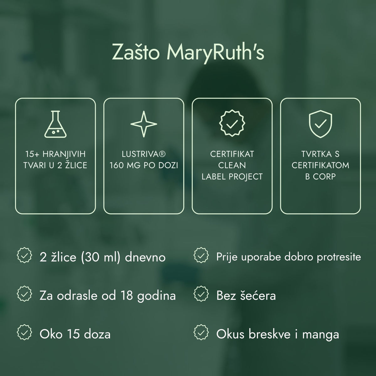 Zašto MaryRuth's: 15+ hranjivih tvari u 2 žlice, Lustriva® 160 mg po dozi, Certifikat Clean Label Project, Tvrtka s certifikatom B Corp