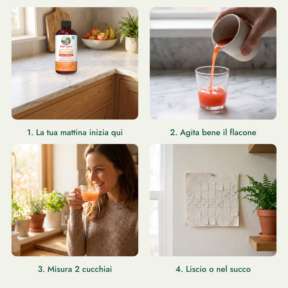 MaryRuth's Liquid Morning Multivitamin + Hair Growth: La tua mattina inizia qui, Agita bene il flacone, Misura 2 cucchiai, Liscio o nel succo