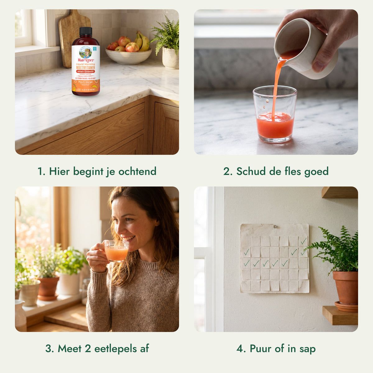 MaryRuth's Liquid Morning Multivitamin + Hair Growth: Hier begint je ochtend, Schud de fles goed, Meet 2 eetlepels af, Puur of in sap