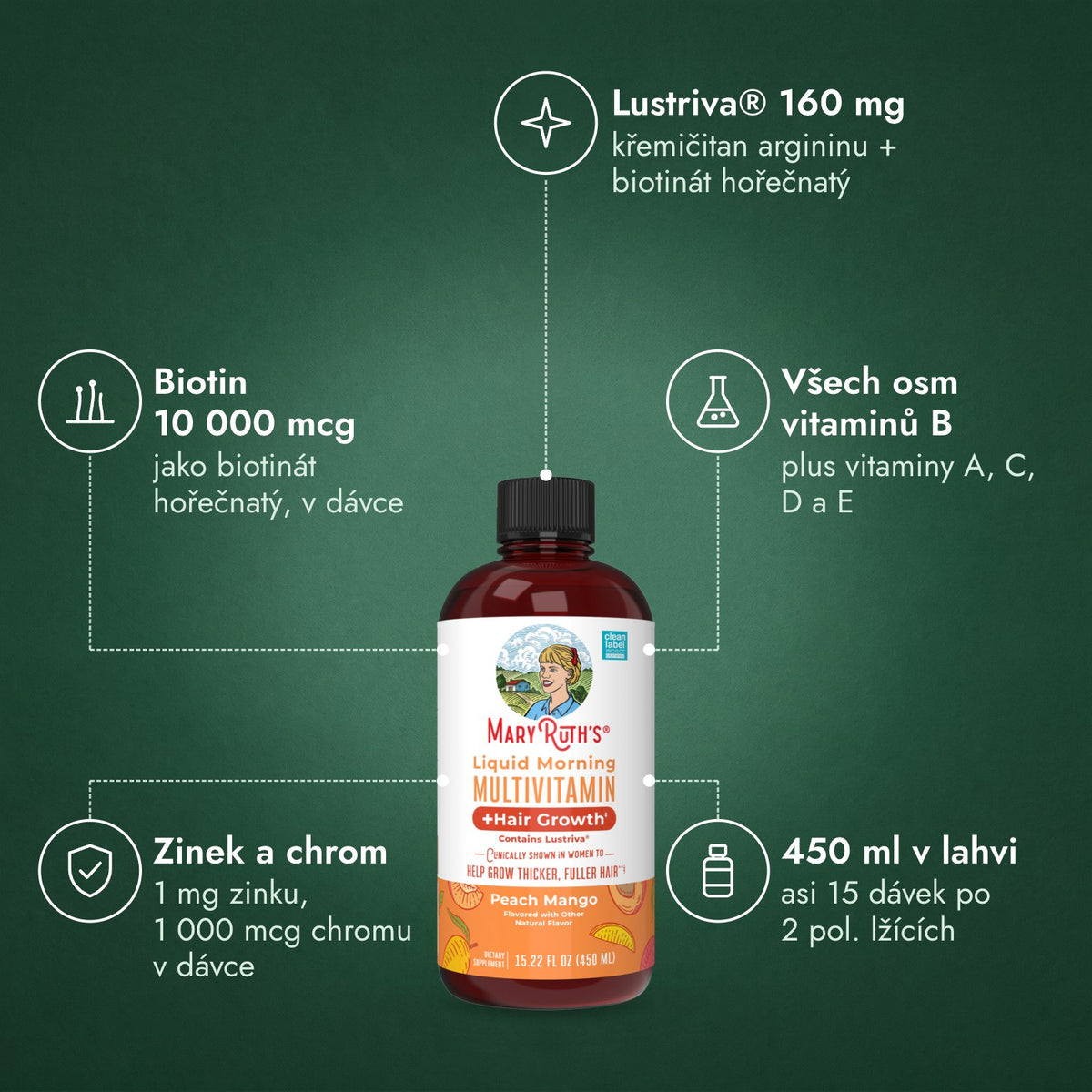 MaryRuth's Liquid Morning Multivitamin + Hair Growth: Lustriva® 160 mg, Biotin 10 000 mcg, Všech osm vitaminů B, Zinek a chrom, 450 ml v lahvi