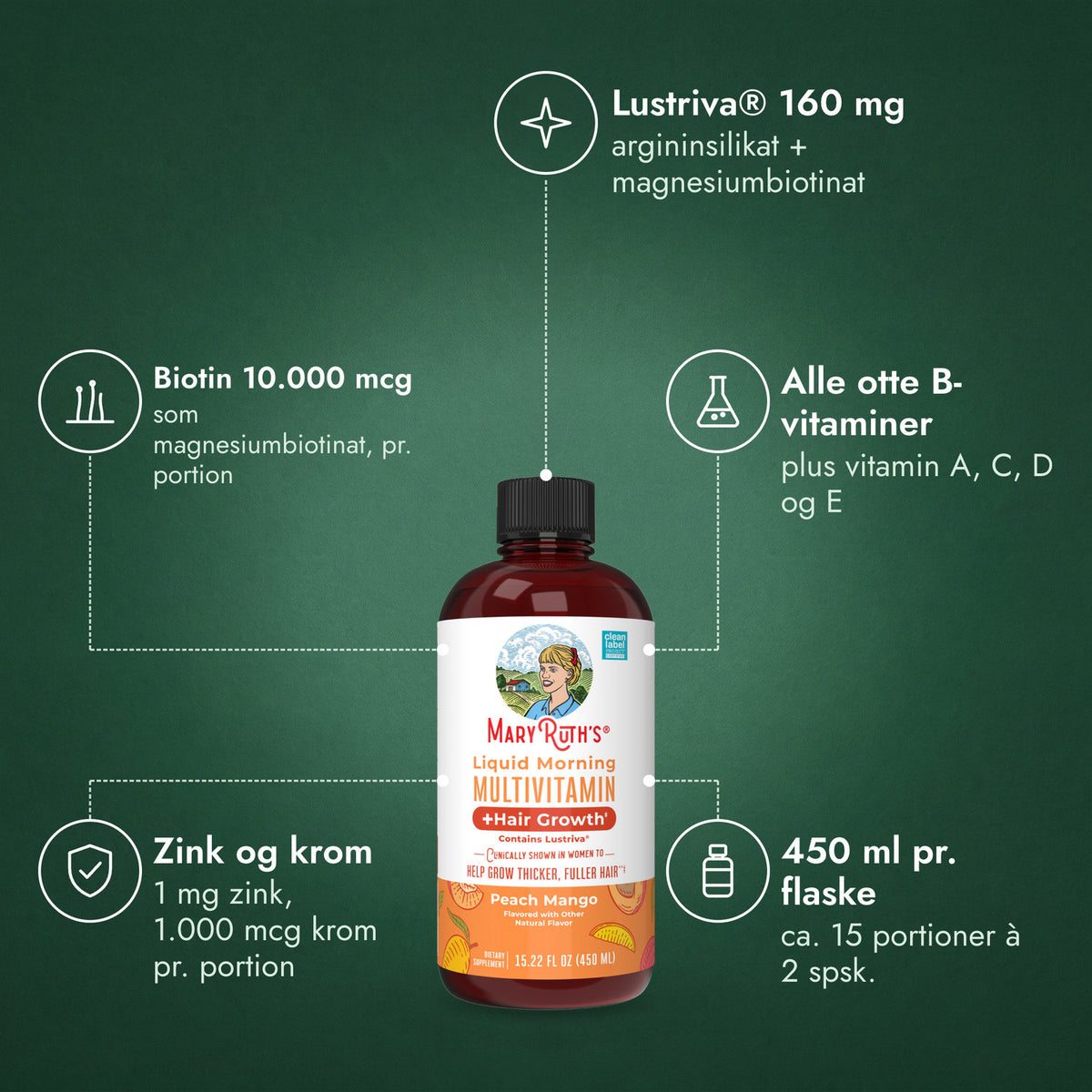 MaryRuth's Liquid Morning Multivitamin + Hair Growth: Lustriva® 160 mg, Biotin 10.000 mcg, Alle otte B-vitaminer, Zink og krom, 450 ml pr. flaske