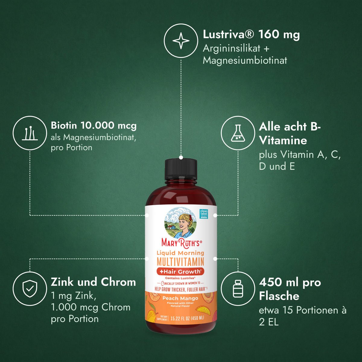 MaryRuth's Liquid Morning Multivitamin + Hair Growth: Lustriva® 160 mg, Biotin 10.000 mcg, Alle acht B-Vitamine, Zink und Chrom, 450 ml pro Flasche