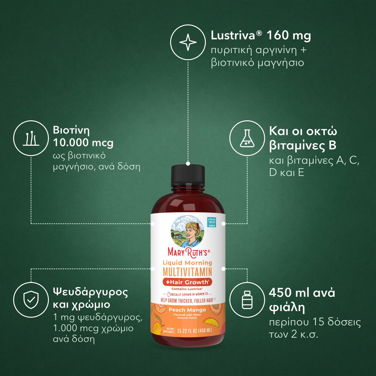 MaryRuth's Liquid Morning Multivitamin + Hair Growth: Lustriva® 160 mg, Βιοτίνη 10.000 mcg, Και οι οκτώ βιταμίνες B, Ψευδάργυρος και χρώμιο, 450 ml ανά φιάλη
