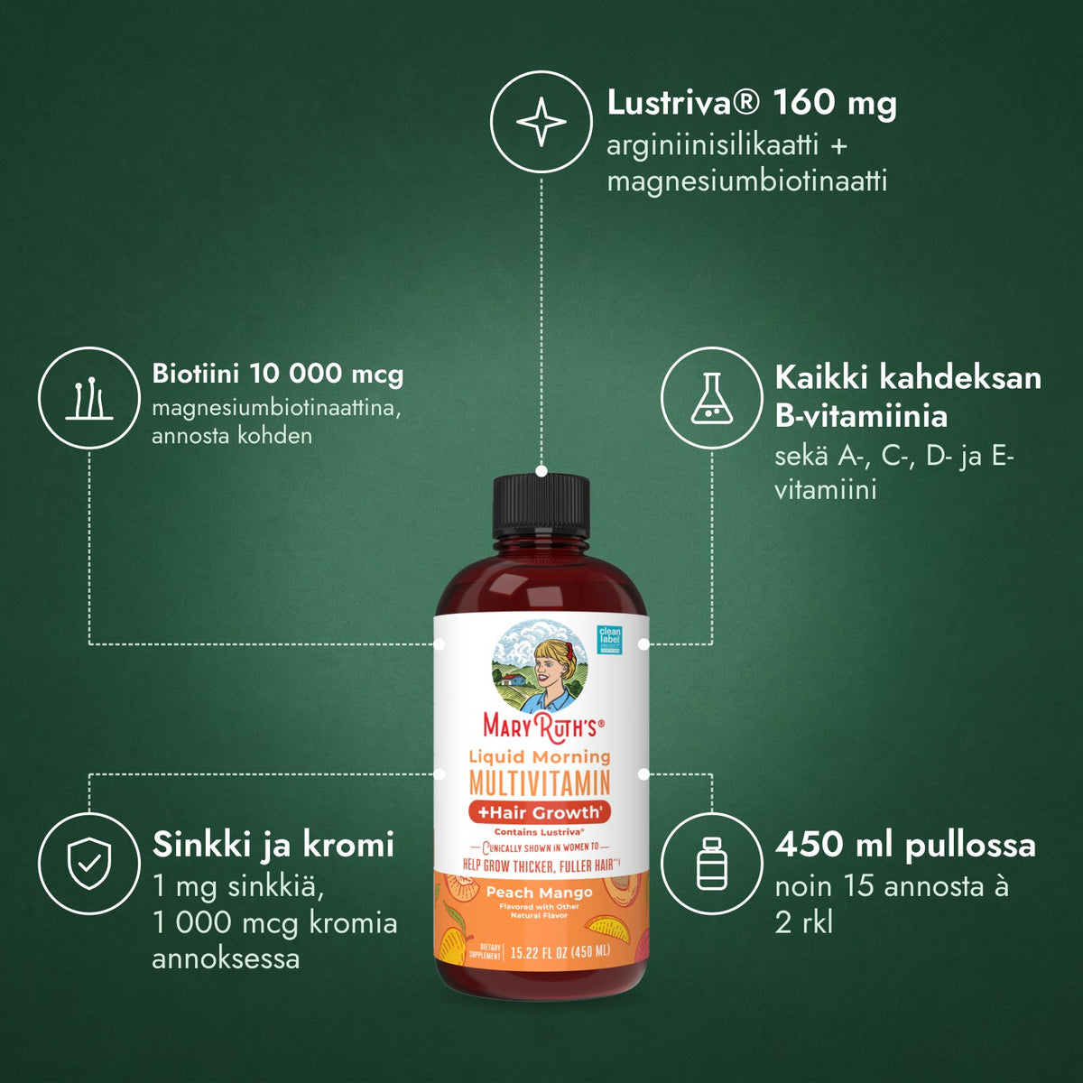 MaryRuth's Liquid Morning -monivitamiini + hiusten kasvu: Lustriva® 160 mg, Biotiini 10 000 mcg, Kaikki kahdeksan B-vitamiinia, Sinkki ja kromi, 450 ml pullossa