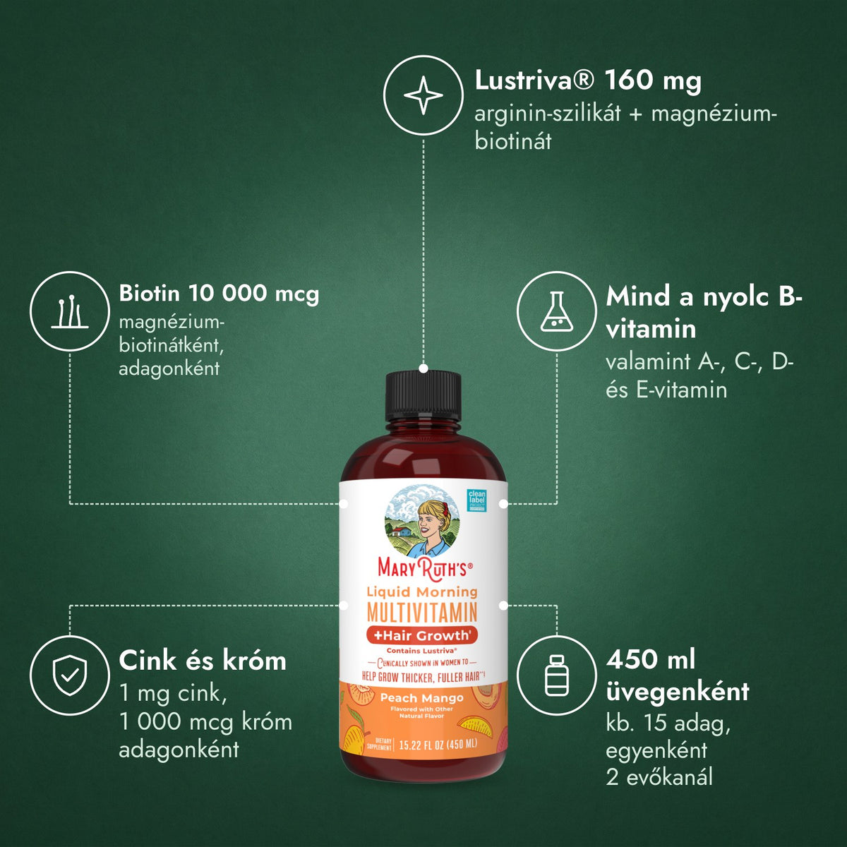 MaryRuth's Liquid Morning Multivitamin + Hair Growth: Lustriva® 160 mg, Biotin 10 000 mcg, Mind a nyolc B-vitamin, Cink és króm, 450 ml üvegenként