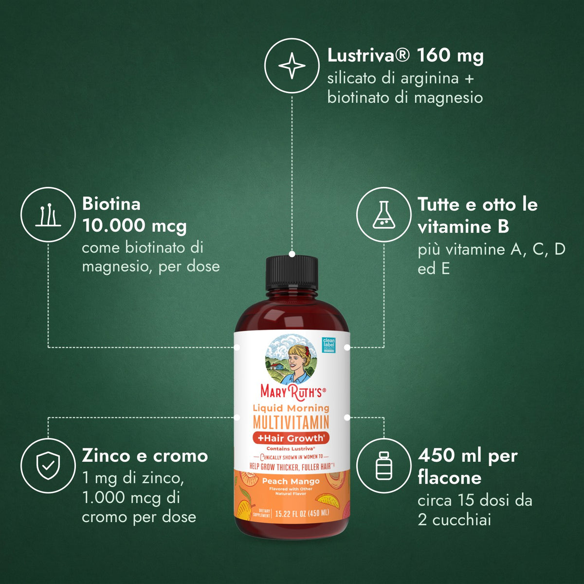 MaryRuth's Liquid Morning Multivitamin + Hair Growth: Lustriva® 160 mg, Biotina 10.000 mcg, Tutte e otto le vitamine B, Zinco e cromo, 450 ml per flacone