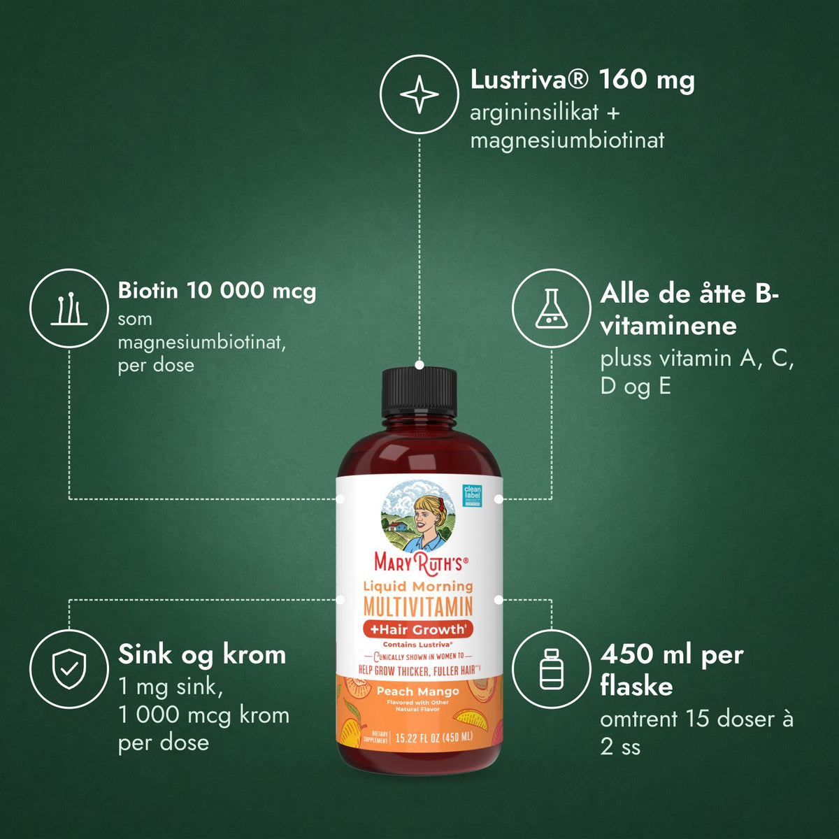 MaryRuth's Liquid Morning multivitamin + hårvekst: Lustriva® 160 mg, Biotin 10 000 mcg, Alle de åtte B-vitaminene, Sink og krom, 450 ml per flaske