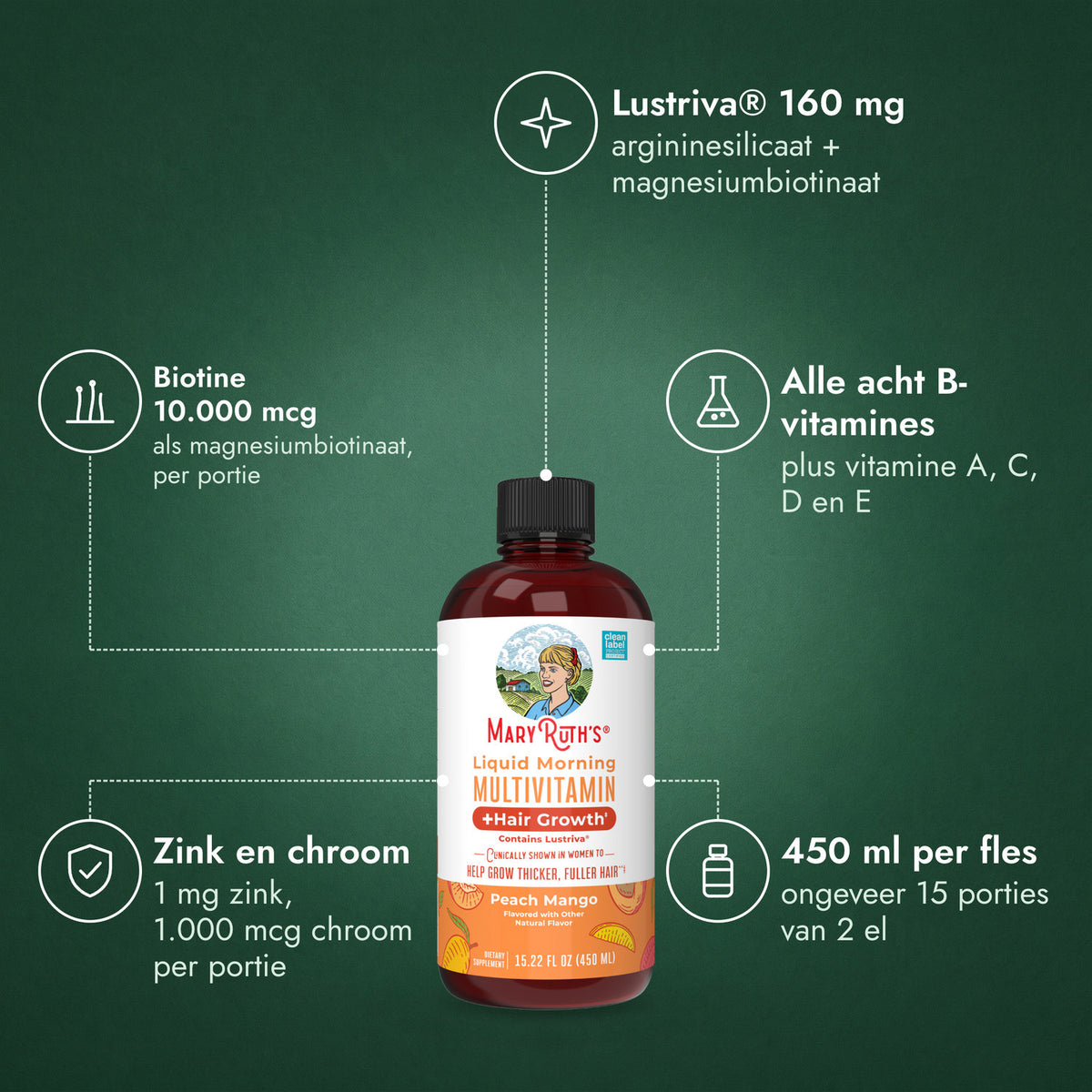 MaryRuth's Liquid Morning Multivitamin + Hair Growth: Lustriva® 160 mg, Biotine 10.000 mcg, Alle acht B-vitamines, Zink en chroom, 450 ml per fles