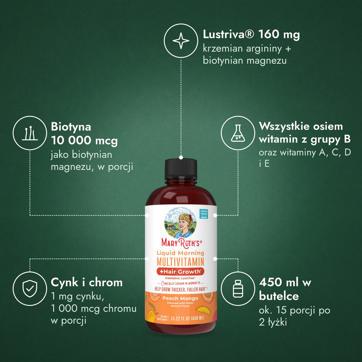 MaryRuth's Liquid Morning Multivitamin + Hair Growth: Lustriva® 160 mg, Biotyna 10 000 mcg, Wszystkie osiem witamin z grupy B, Cynk i chrom, 450 ml w butelce