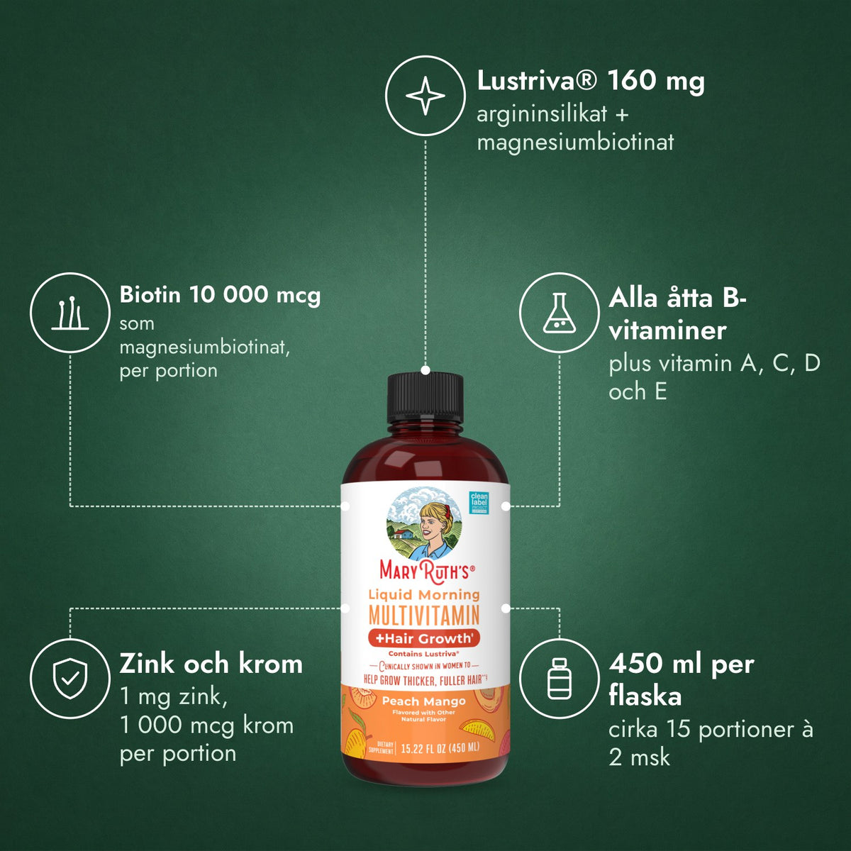 MaryRuth's Liquid Morning Multivitamin + Hair Growth: Lustriva® 160 mg, Biotin 10 000 mcg, Alla åtta B-vitaminer, Zink och krom, 450 ml per flaska