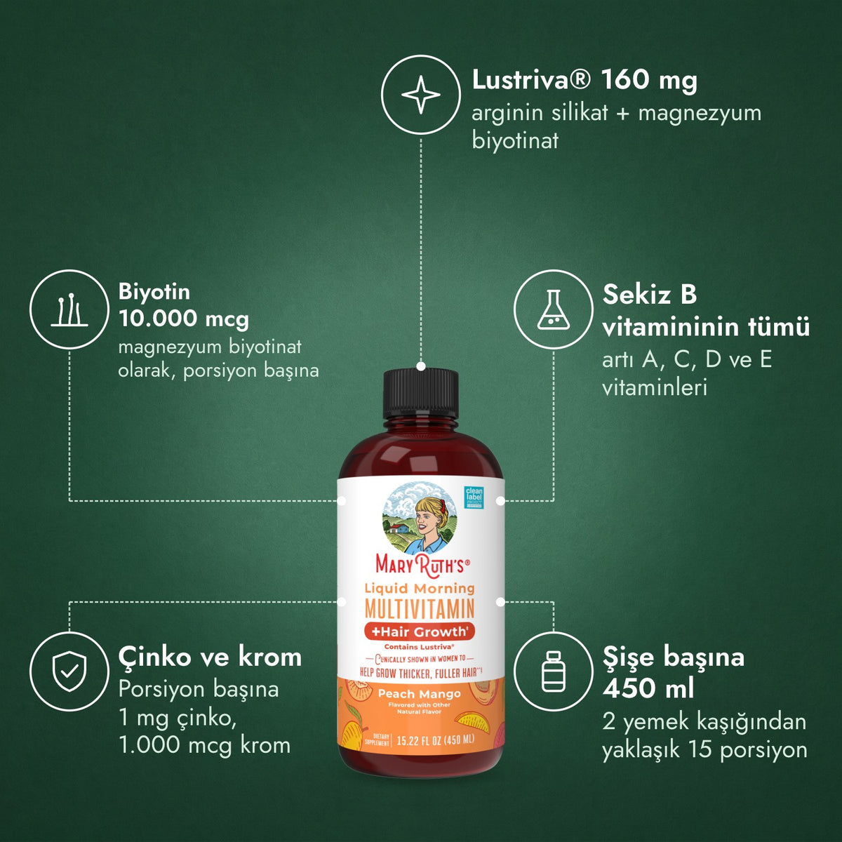 MaryRuth's Liquid Morning Multivitamin + Hair Growth: Lustriva® 160 mg, Biyotin 10.000 mcg, Sekiz B vitamininin tümü, Çinko ve krom, Şişe başına 450 ml