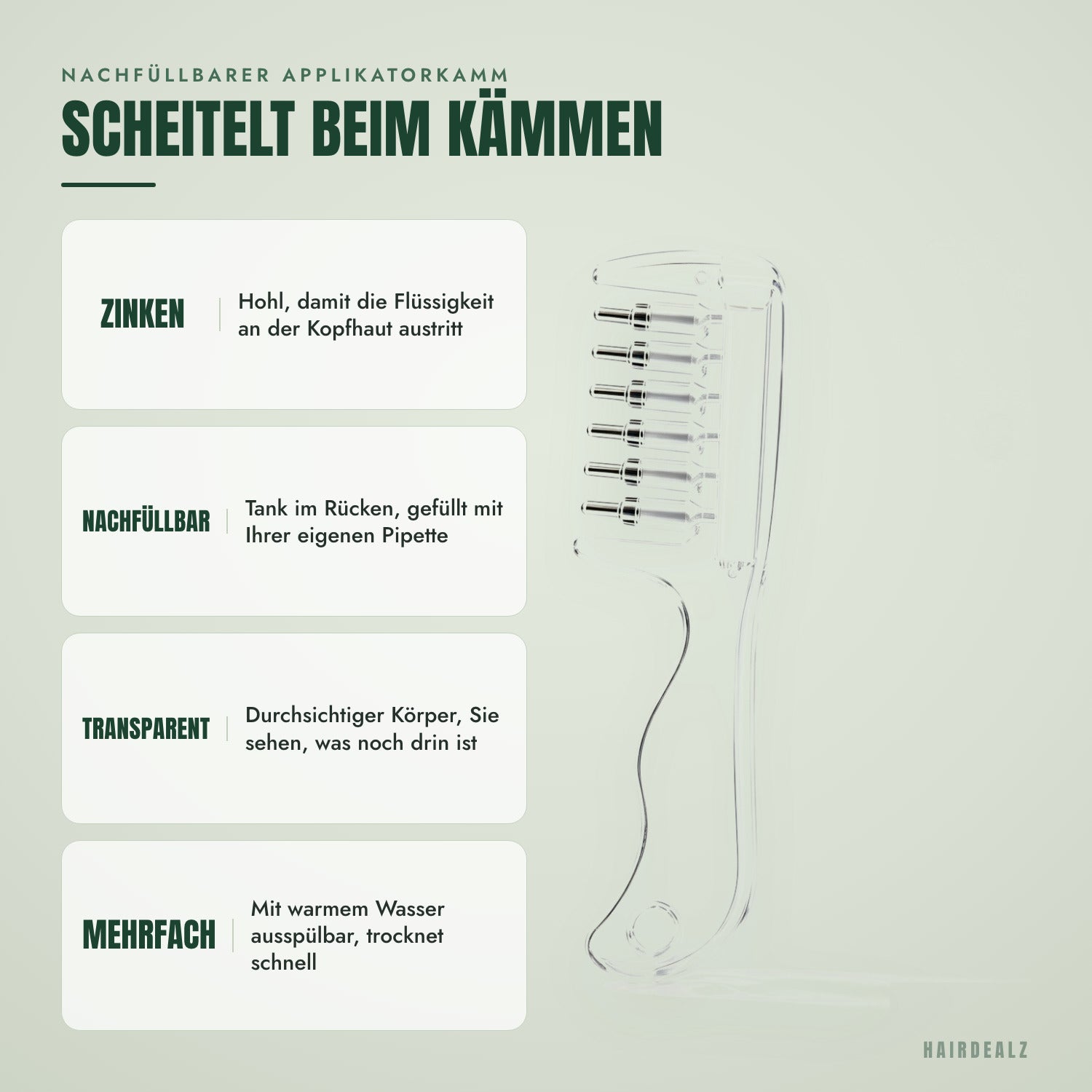 Nachfüllbarer Applikatorkamm — Scheitelt beim Kämmen