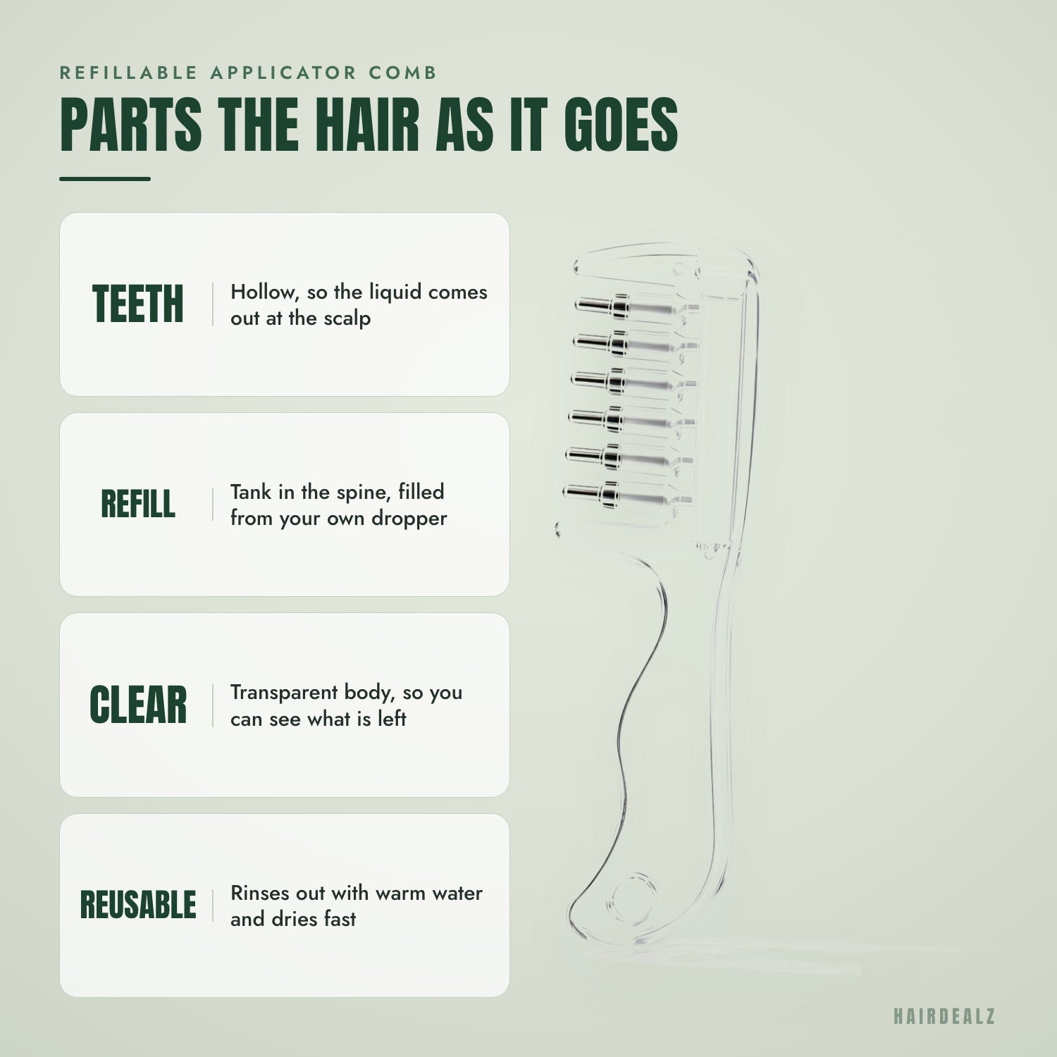 Refillable applicator comb — Parts the hair as it goes
