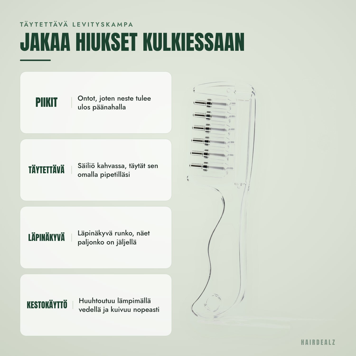 Täytettävä applikaattorikampa — Jakaa hiukset kampauksen aikana