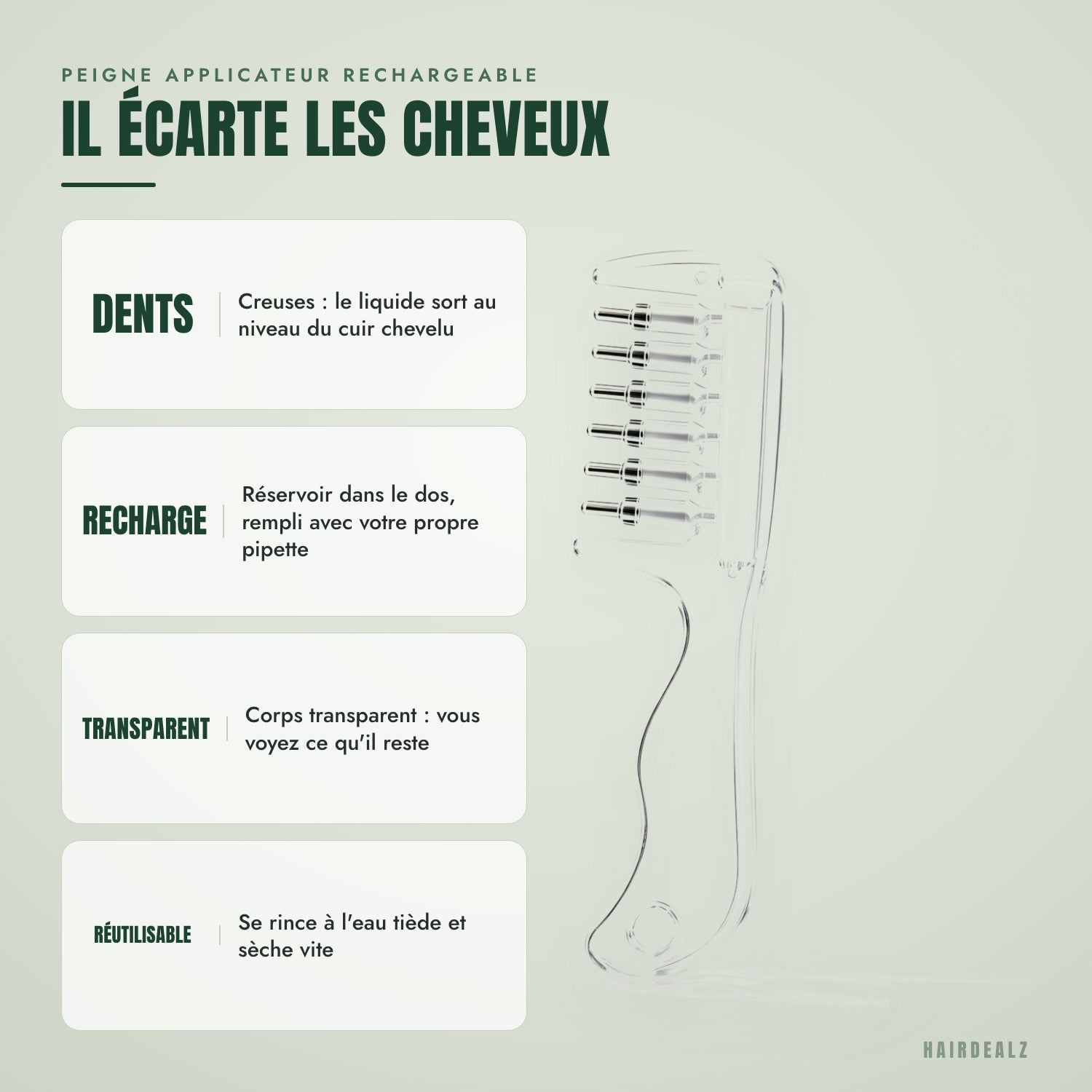 Peigne applicateur rechargeable — Il écarte les cheveux