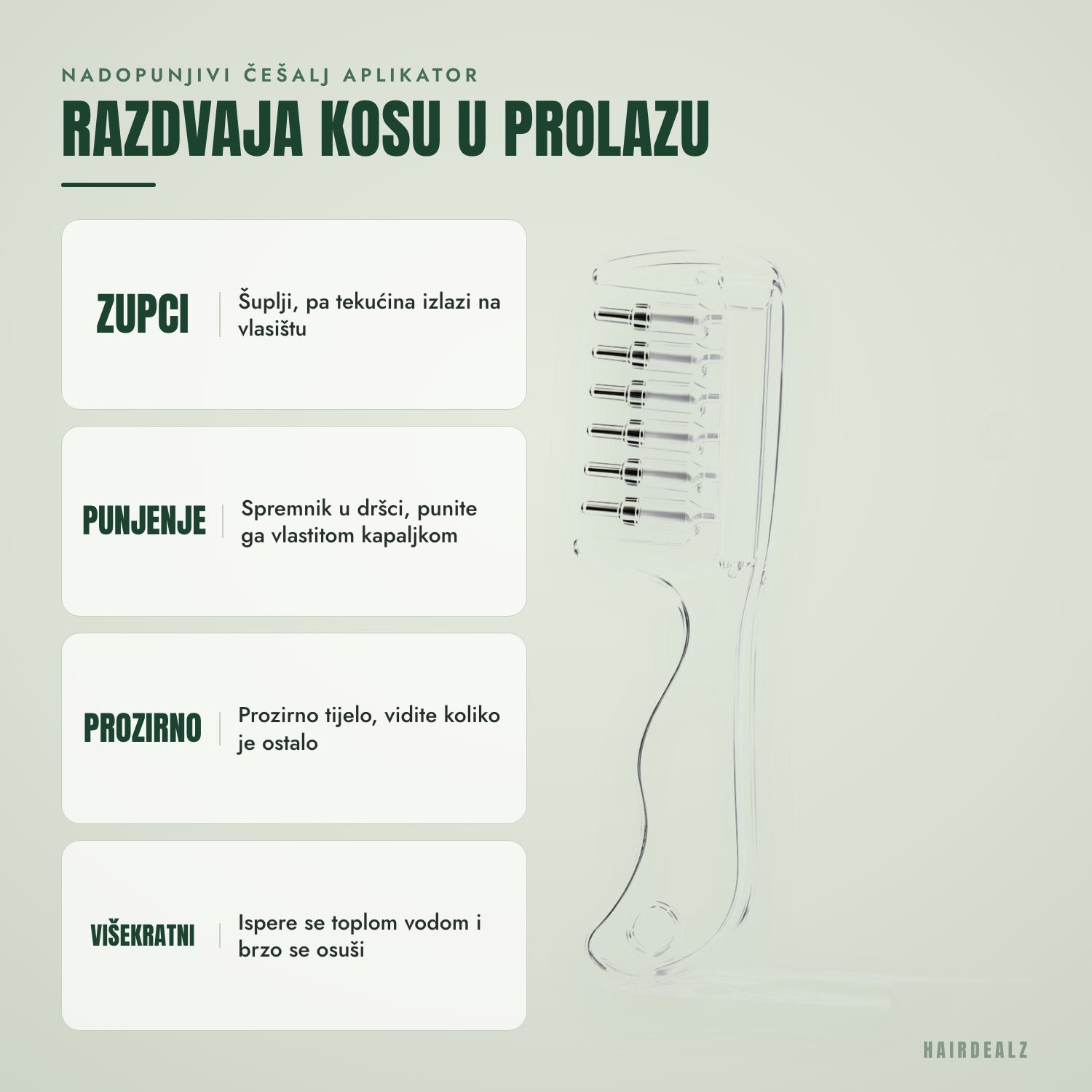 Punjivi češalj-aplikator — razdvaja kosu dok nanosite