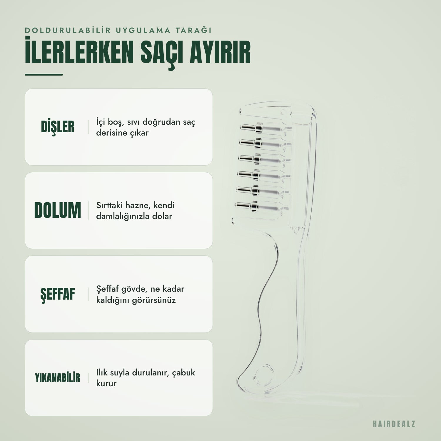 Doldurulabilir uygulama tarağı — İlerlerken saçı ayırır