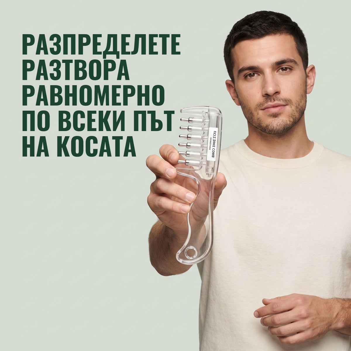 Мъж държи гребена апликатор за миноксидил на зелен фон