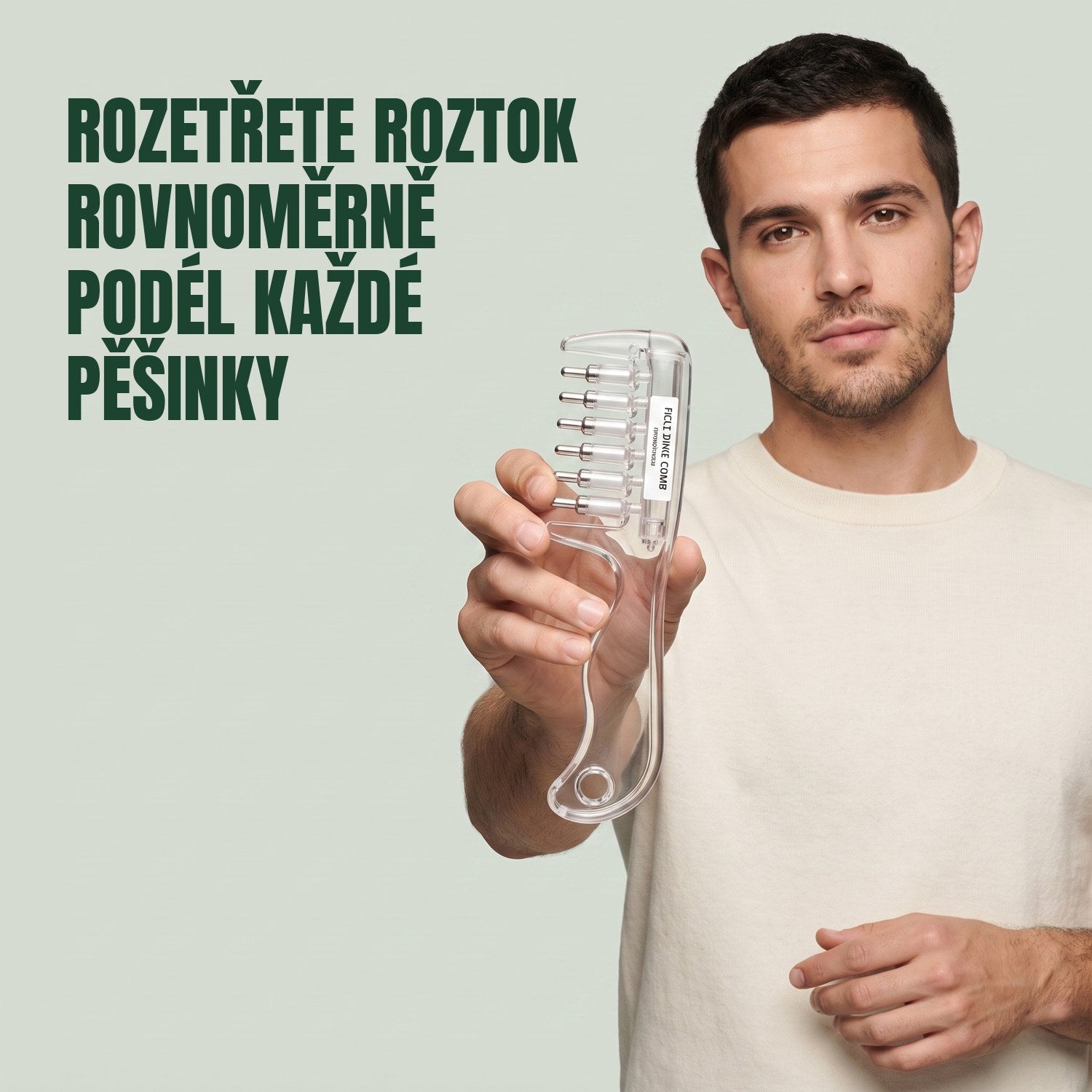 Muž drží aplikátorový hřeben s minoxidilem na zeleném pozadí