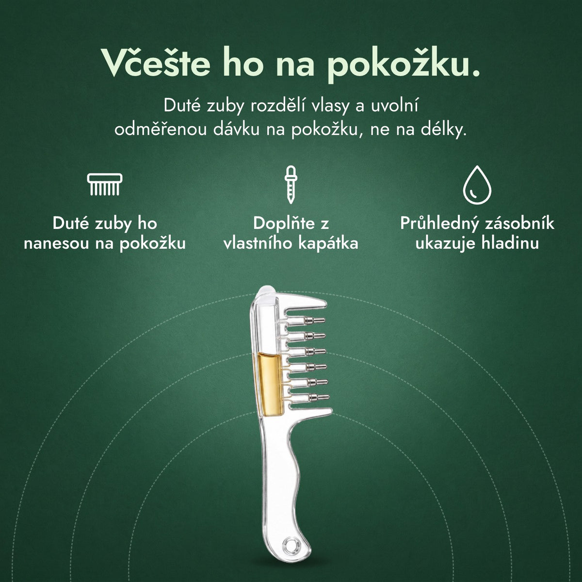 Aplikační hřeben na minoxidil: Včešte ho na pokožku. Duté zuby ho nanesou na pokožku, Doplňte z vlastního kapátka, Průhledný zásobník ukazuje hladinu