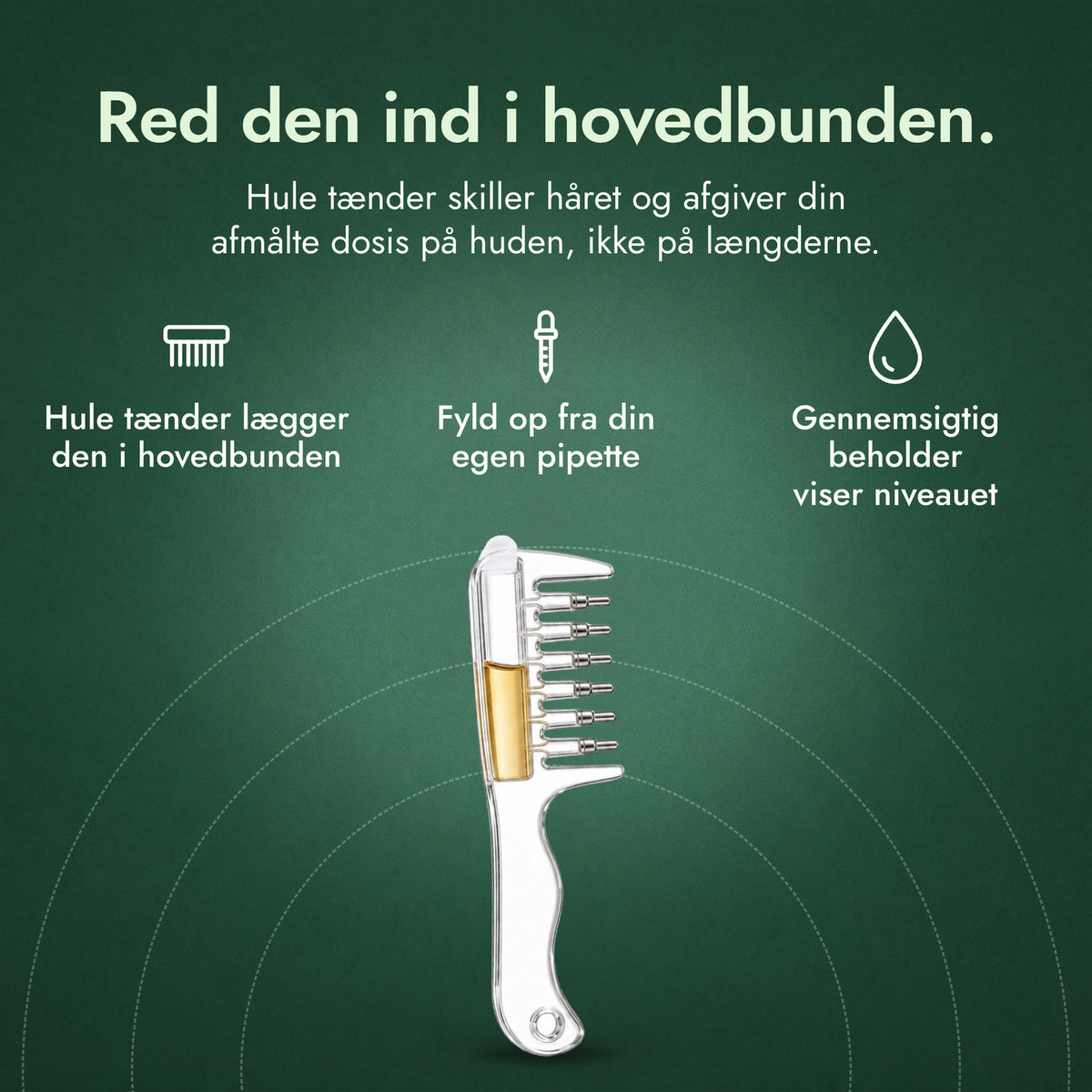 Applikatorkam til minoxidil: Red den ind i hovedbunden. Hule tænder lægger den i hovedbunden, Fyld op fra din egen pipette, Gennemsigtig beholder viser niveauet
