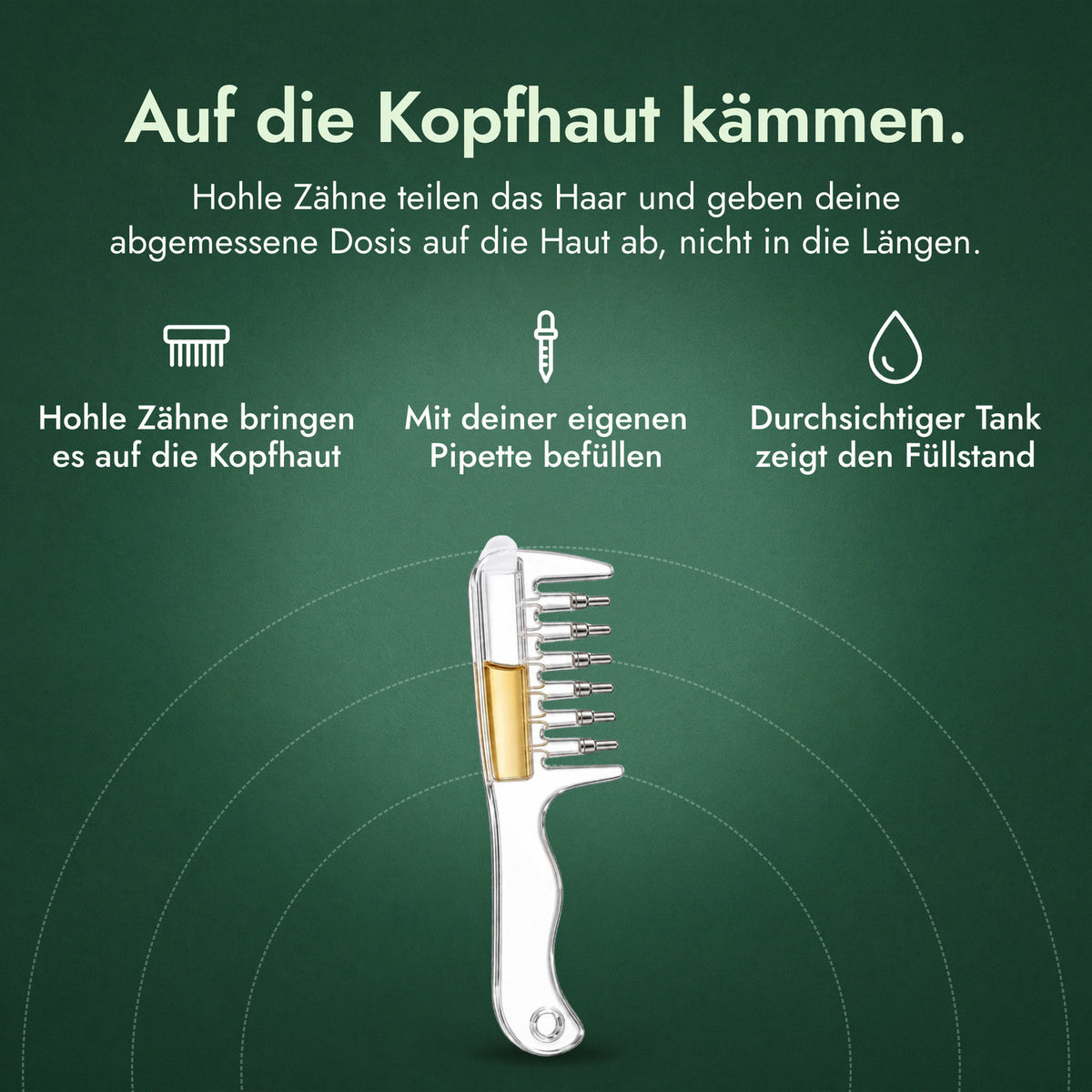 Minoxidil-Applikatorkamm: Auf die Kopfhaut kämmen. Hohle Zähne bringen es auf die Kopfhaut, Mit deiner eigenen Pipette befüllen, Durchsichtiger Tank zeigt den Füllstand