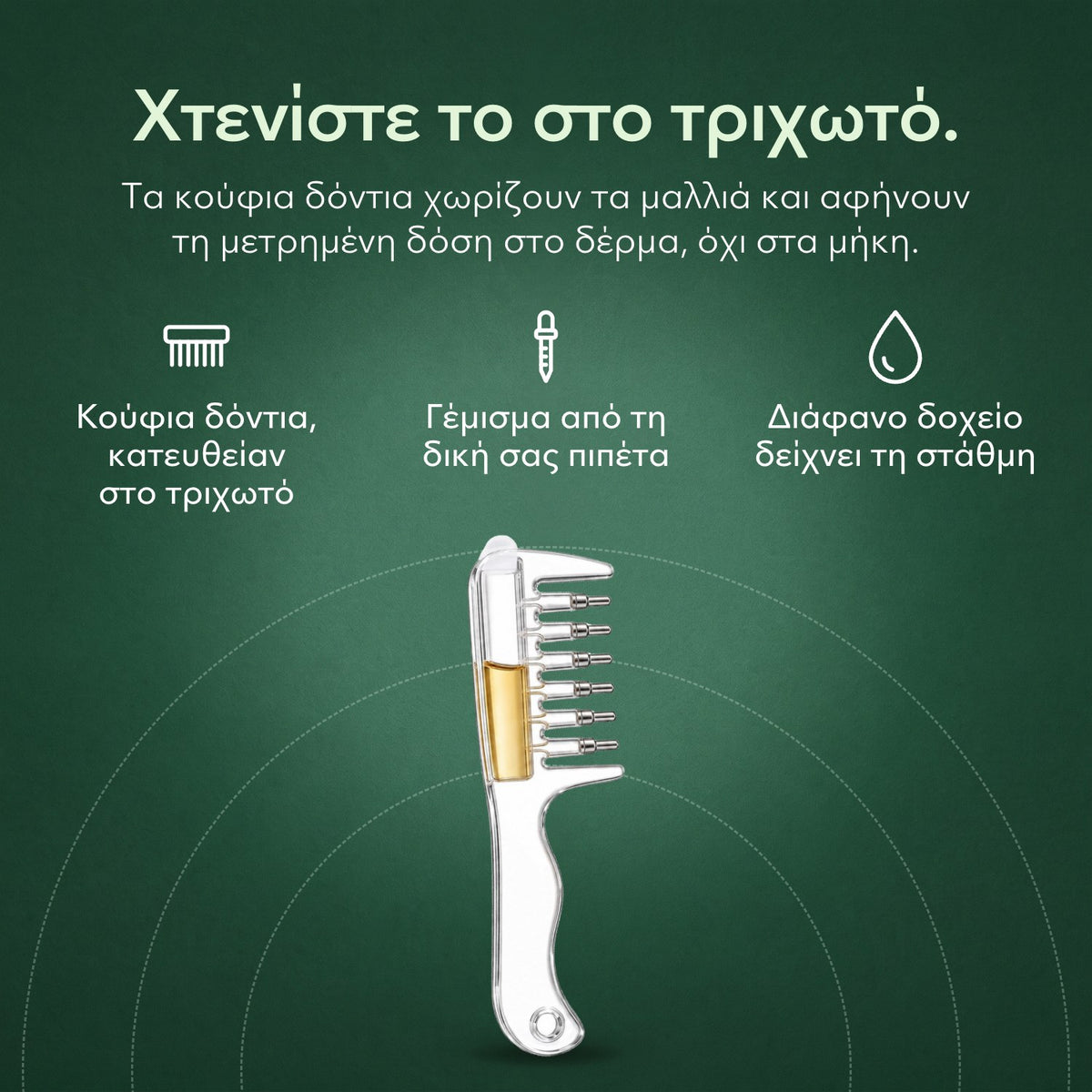Χτένα εφαρμογής μινοξιδίλης: Χτενίστε το στο τριχωτό. Κούφια δόντια, κατευθείαν στο τριχωτό, Γέμισμα από τη δική σας πιπέτα, Διάφανο δοχείο δείχνει τη στάθμη