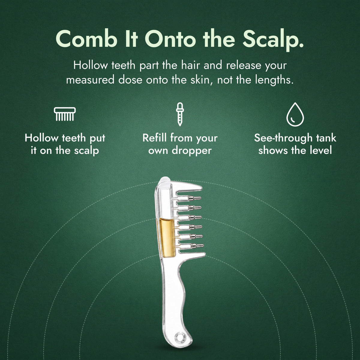 Minoxidil Applicator Comb: Comb It Onto the Scalp. Hollow teeth put it on the scalp, Refill from your own dropper, See-through tank shows the level