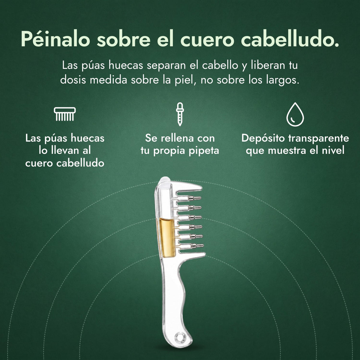 Peine aplicador de minoxidil: Péinalo sobre el cuero cabelludo. Las púas huecas lo llevan al cuero cabelludo, Se rellena con tu propia pipeta, Depósito transparente que muestra el nivel