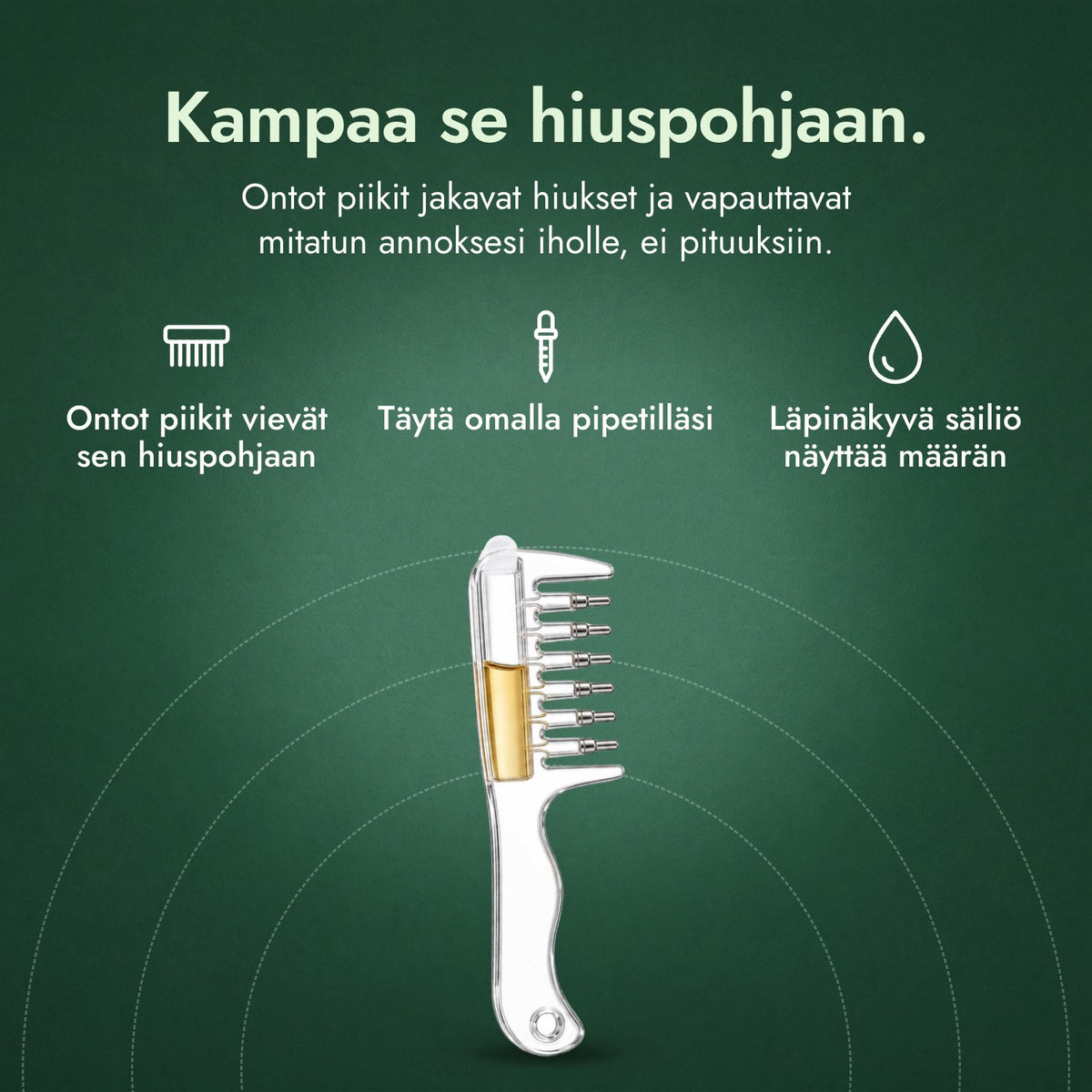 Minoksidiilin applikaattorikampa: Kampaa se hiuspohjaan. Ontot piikit vievät sen hiuspohjaan, Täytä omalla pipetilläsi, Läpinäkyvä säiliö näyttää määrän