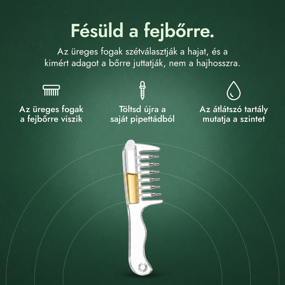 Minoxidil applikátorfésű: Fésüld a fejbőrre. Az üreges fogak a fejbőrre viszik, Töltsd újra a saját pipettádból, Az átlátszó tartály mutatja a szintet