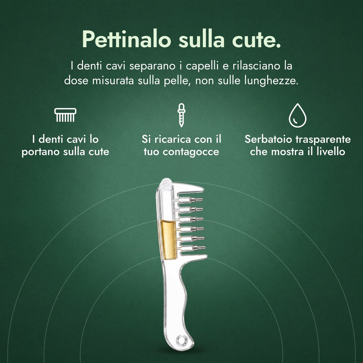 Pettine applicatore per minoxidil: Pettinalo sulla cute. I denti cavi lo portano sulla cute, Si ricarica con il tuo contagocce, Serbatoio trasparente che mostra il livello