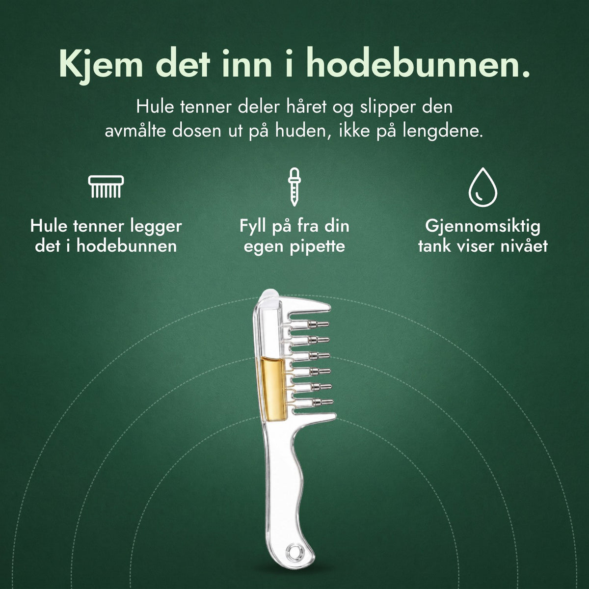 Applikatorkam for minoksidil: Kjem det inn i hodebunnen. Hule tenner legger det i hodebunnen, Fyll på fra din egen pipette, Gjennomsiktig tank viser nivået
