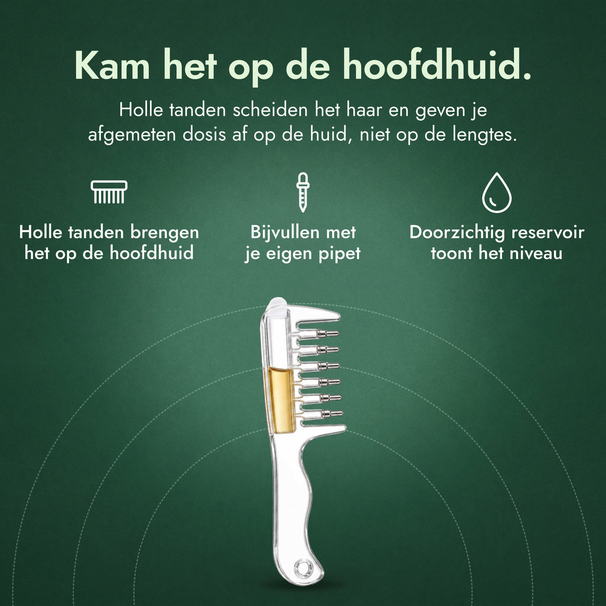 Minoxidil-applicatorkam: Kam het op de hoofdhuid. Holle tanden brengen het op de hoofdhuid, Bijvullen met je eigen pipet, Doorzichtig reservoir toont het niveau