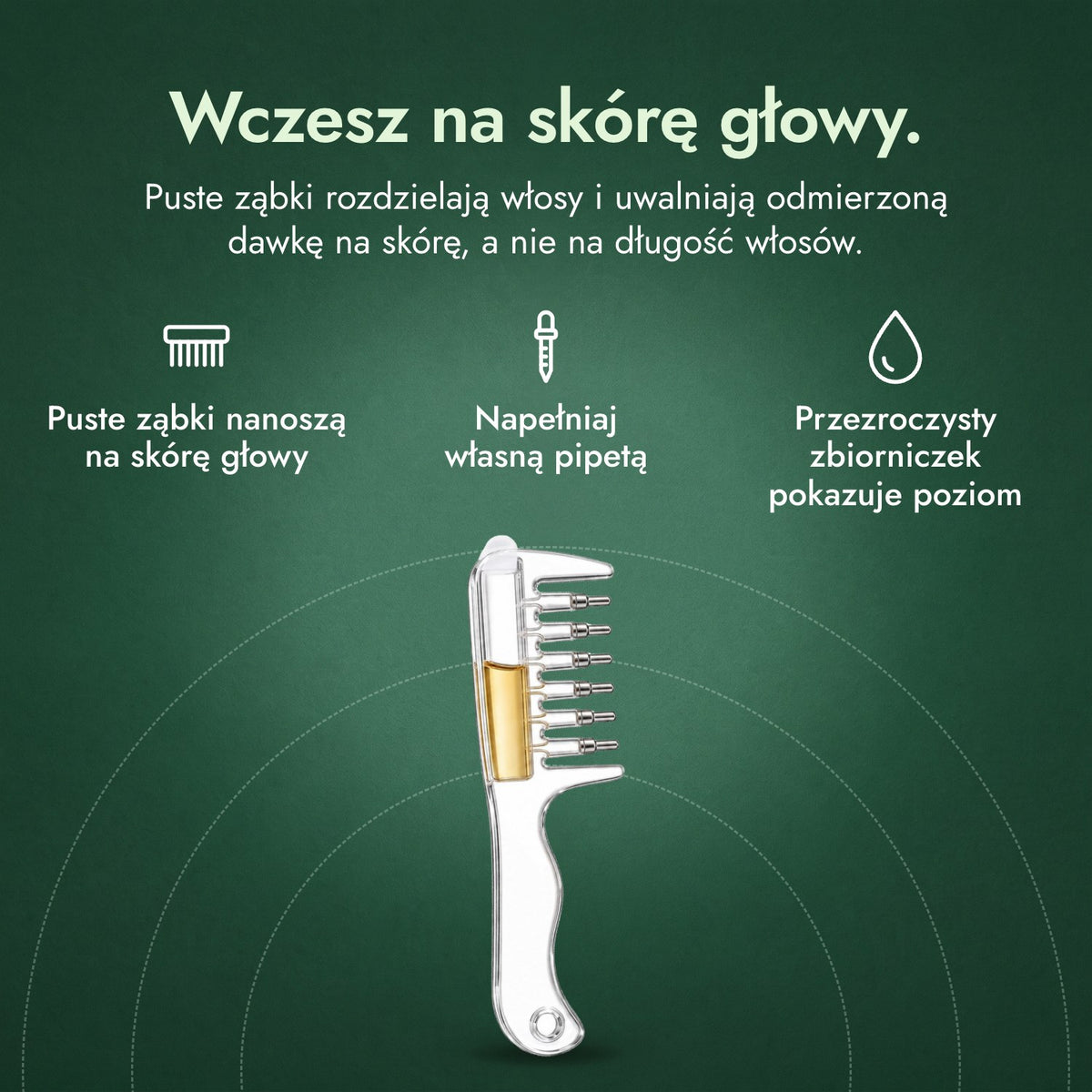Grzebień-aplikator do minoksydylu: Wczesz na skórę głowy. Puste ząbki nanoszą na skórę głowy, Napełniaj własną pipetą, Przezroczysty zbiorniczek pokazuje poziom