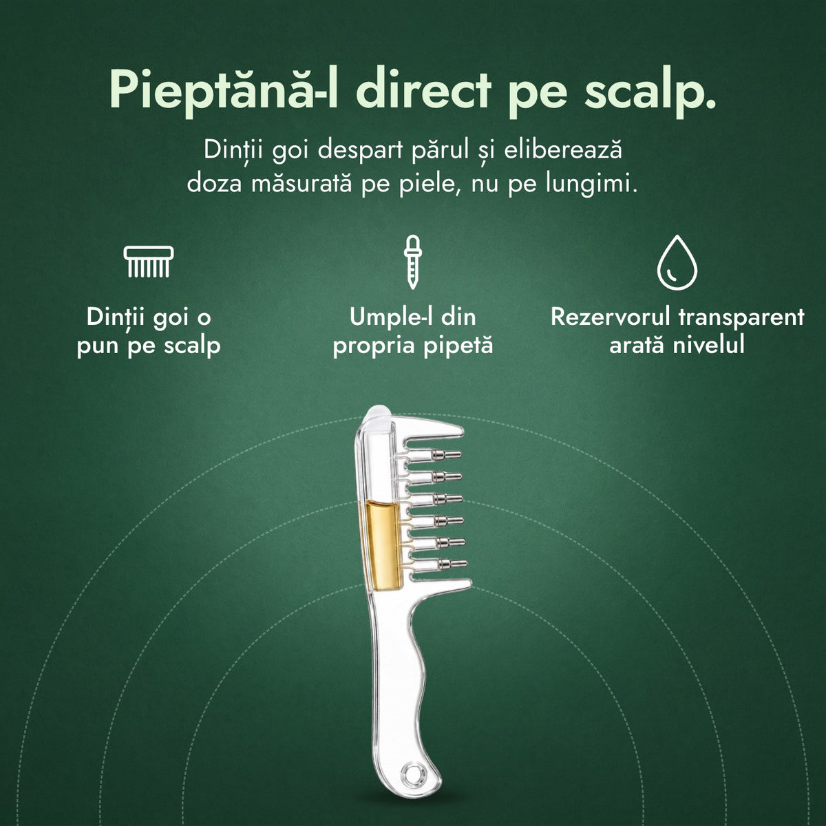 Pieptene aplicator pentru minoxidil: Pieptănă-l direct pe scalp. Dinții goi o pun pe scalp, Umple-l din propria pipetă, Rezervorul transparent arată nivelul