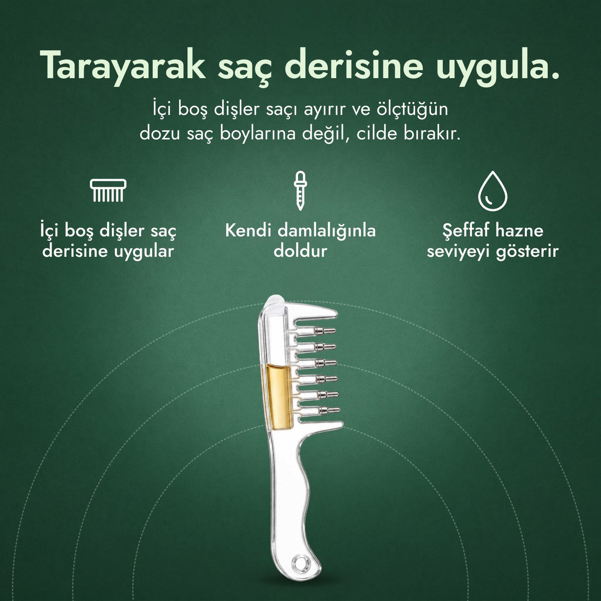 Minoksidil aplikatör tarağı: Tarayarak saç derisine uygula. İçi boş dişler saç derisine uygular, Kendi damlalığınla doldur, Şeffaf hazne seviyeyi gösterir