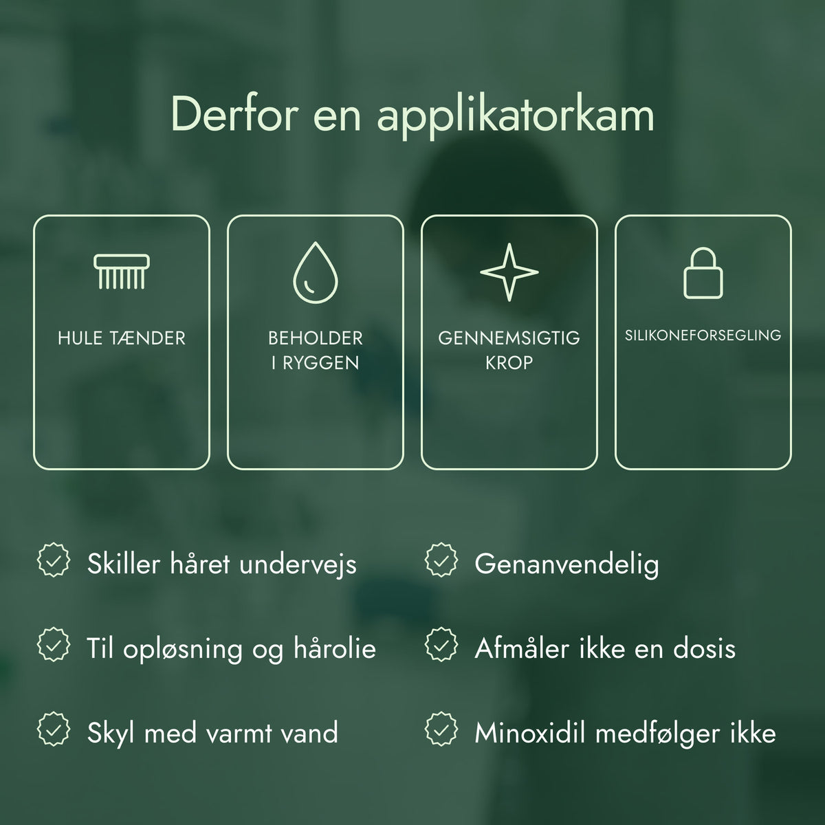 Derfor en applikatorkam: Hule tænder, Beholder i ryggen, Gennemsigtig krop, Silikoneforsegling