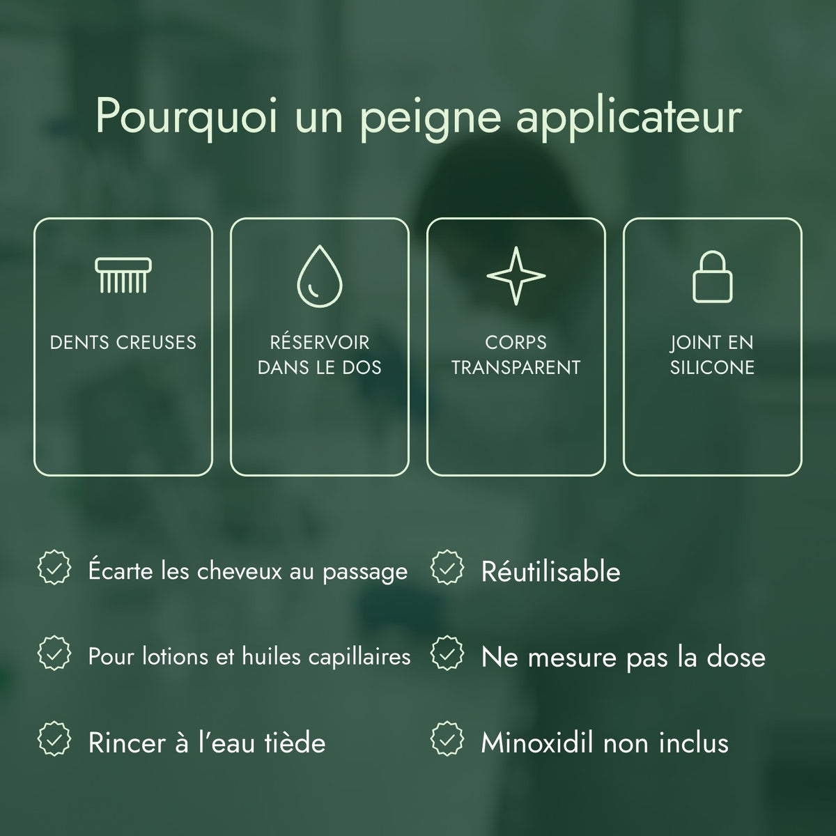 Pourquoi un peigne applicateur: Dents creuses, Réservoir dans le dos, Corps transparent, Joint en silicone