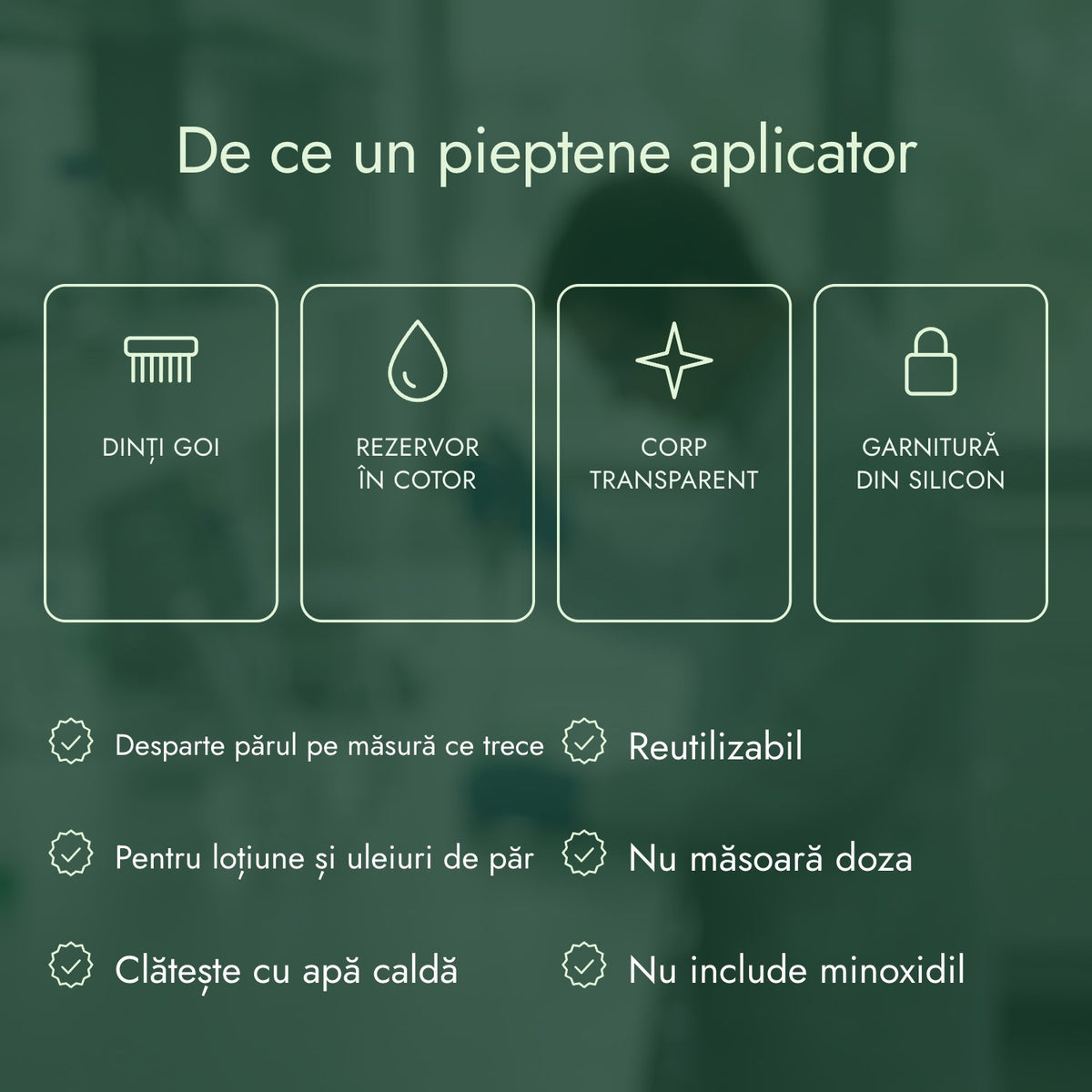 De ce un pieptene aplicator: Dinți goi, Rezervor în cotor, Corp transparent, Garnitură din silicon