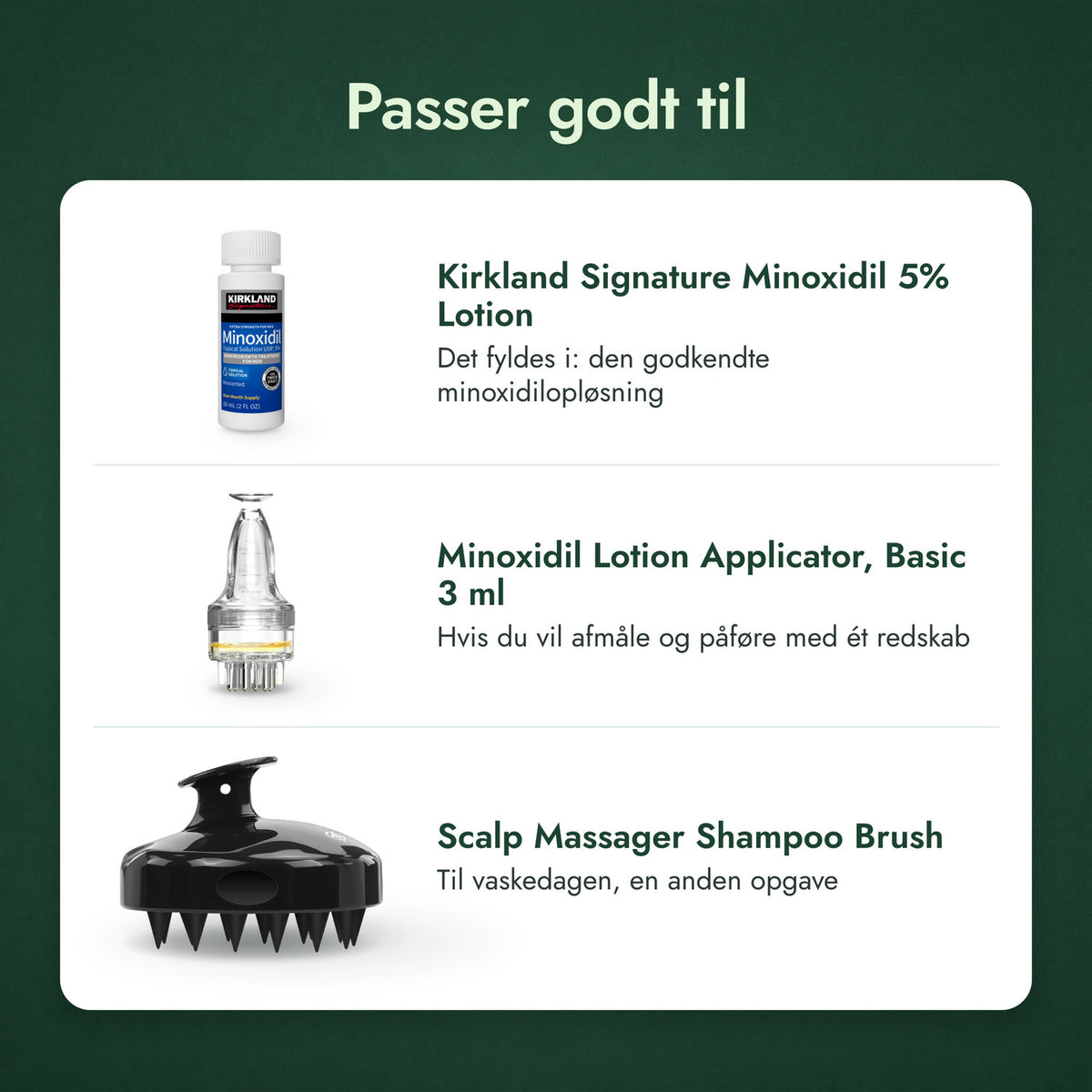 Passer godt til: Kirkland Signature Minoxidil 5%, Applikator til minoxidilopløsning, Basic 3 ml, Massagebørste til hovedbunden ved hårvask