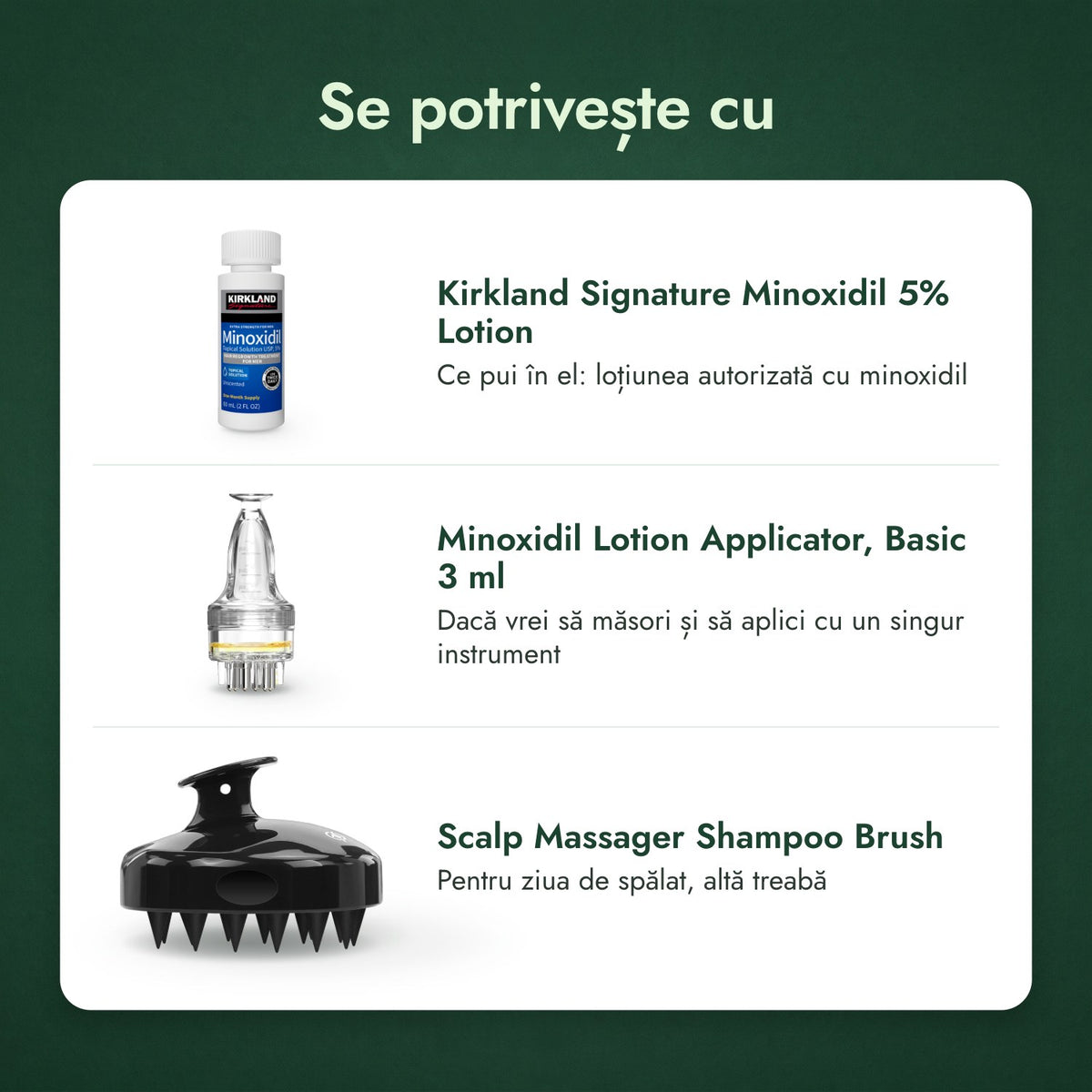 Se potrivește cu: Kirkland Signature Minoxidil 5%, Aplicator pentru loțiune cu minoxidil, Basic 3 ml, Perie de masaj pentru scalp